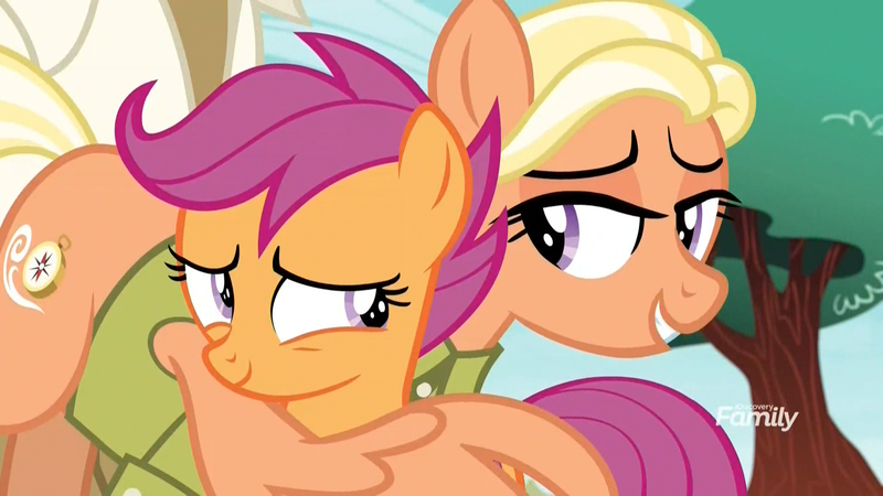 Size: 1920x1080 | Tagged: safe, derpibooru import, screencap, mane allgood, scootaloo, snap shutter, pegasus, pony, the last crusade, discovery family logo, duo focus, embarrassed, eye contact, female, filly, hug, lidded eyes, like mother like daughter, looking at each other, mare, mother and child, mother and daughter, scootalove, smiling, winghug