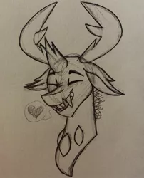 Size: 1675x2075 | Tagged: adorable face, artist:raritylover152, bust, changedling, changeling, cute, cute little fangs, derpibooru import, eyes closed, fangs, happy, heart, king thorax, male, monochrome, rough sketch, safe, simple background, sketch, smiling, solo, thorabetes, thorax, traditional art, white background, wip