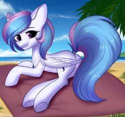 Size: 4000x3748 | Tagged: safe, artist:bestiary, derpibooru import, oc, oc:starburn, unofficial characters only, pegasus, pony, beach, bedroom eyes, butt, commission, female, jewelry, necklace, plot, solo, water, ych result