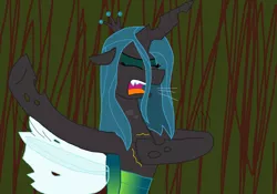 Size: 1292x906 | Tagged: artist:alexeigribanov, changeling, changeling queen, chest pounding, derpibooru import, eyes closed, female, queen chrysalis, safe, solo