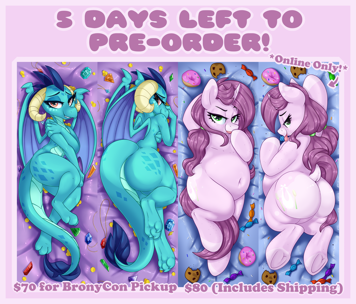 Size: 2500x2138 | Tagged: suggestive, artist:mulberrytarthorse, derpibooru import, princess ember, oc, oc:mulberry tart, dragon, pony, armpits, ass, body pillow, butt, chubby, fat, female, plump, thick, thighs