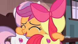 Size: 1920x1080 | Tagged: safe, derpibooru import, screencap, apple bloom, scootaloo, sweetie belle, earth pony, pegasus, pony, unicorn, the last crusade, crying, cutie mark crusaders, discovery family logo, female, filly, happy, hug, tears of joy