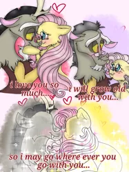 Size: 899x1200 | Tagged: safe, artist:cocolove2176, derpibooru import, discord, fluttershy, draconequus, pegasus, pony, discoshy, female, male, shipping, straight, text