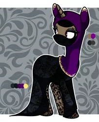 Size: 1096x1350 | Tagged: safe, artist:anyazen, derpibooru import, oc, oc:frankincense, unofficial characters only, pony, unicorn, clothes, dress, eyebrow piercing, eyeshadow, female, goth, hijab, islam, makeup, mare, piercing, reference sheet, religion, socks, solo, stockings, thigh highs