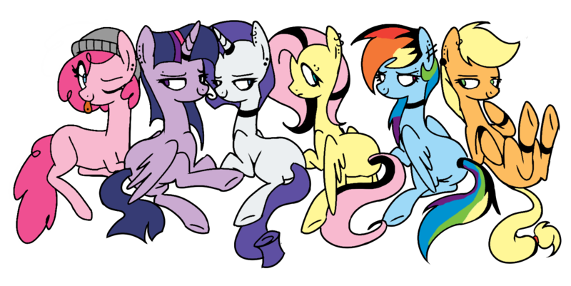 Size: 1500x751 | Tagged: safe, artist:anyazen, artist:icey-wicey-1517, color edit, derpibooru import, edit, applejack, fluttershy, pinkie pie, rainbow dash, rarity, twilight sparkle, twilight sparkle (alicorn), alicorn, earth pony, pegasus, pony, unicorn, alternate hairstyle, anklet, beanie, bedroom eyes, butt, choker, collaboration, colored, dyed mane, ear piercing, earring, eye clipping through hair, eyebrow piercing, female, goth, hair dye, hat, horn, horn ring, jewelry, mane six, mare, missing cutie mark, piercing, plot, ring, simple background, tongue out, tongue piercing, transparent background, wristband