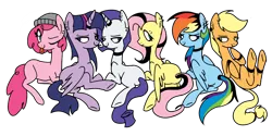 Size: 1500x751 | Tagged: safe, artist:anyazen, artist:icey-wicey-1517, color edit, derpibooru import, edit, applejack, fluttershy, pinkie pie, rainbow dash, rarity, twilight sparkle, twilight sparkle (alicorn), alicorn, earth pony, pegasus, pony, unicorn, alternate hairstyle, anklet, beanie, bedroom eyes, butt, choker, collaboration, colored, dyed mane, ear piercing, earring, eye clipping through hair, eyebrow piercing, female, goth, hair dye, hat, horn, horn ring, jewelry, mane six, mare, missing cutie mark, piercing, plot, ring, simple background, tongue out, tongue piercing, transparent background, wristband