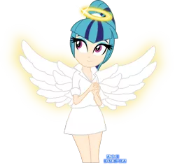 Size: 1102x1039 | Tagged: safe, artist:anime-equestria, derpibooru import, sonata dusk, human, equestria girls, angel, beautiful, clothes, eyeshadow, female, glow, halo, human coloration, humanized, makeup, miniskirt, ponytail, simple background, skirt, smiling, solo, transparent background, vector, wings