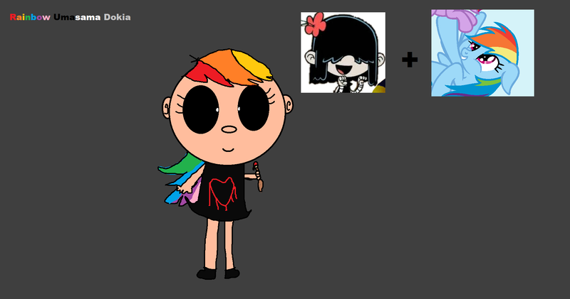 Size: 1892x996 | Tagged: safe, derpibooru import, rainbow dash, human, pegasus, pony, black sclera, cute, dark grey background, lucy loud, multicolored hair, offspring, paintbrush, parents:lucydash, rainbow hair, rainbow umasama dokia, red paint, text