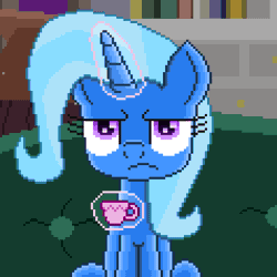 Size: 3808x3808 | Tagged: safe, artist:superhypersonic2000, derpibooru import, trixie, pony, student counsel, angry tea drinking, animated, couch, drinking, frown, glowing horn, horn, magic, pixel art, scene interpretation, solo, telekinesis, trixie is not amused, unamused