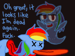 Size: 256x192 | Tagged: artist needed, semi-grimdark, derpibooru import, rainbow dash, ghost, pony, undead, blood, dead, decapitated, grimderp, severed head, solo, tongue out, unamused, vulgar, wat, x eyes