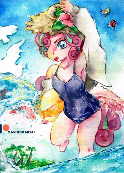 Size: 2409x3353 | Tagged: alicorn, anthro, armpits, artist:mashiromiku, clothes, derpibooru import, flurry art, older, older flurry heart, patreon, patreon logo, princess flurry heart, safe, solo, summer, swimsuit, traditional art, watercolor painting