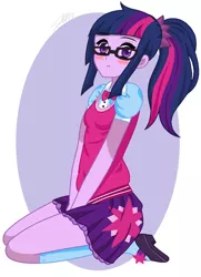 Size: 708x976 | Tagged: safe, artist:imtailsthefoxfan, derpibooru import, sci-twi, twilight sparkle, human, equestria girls, abstract background, base used, blushing, clothes, colored pupils, cute, glasses, looking at you, mary janes, ponytail, shoes, sitting, skirt, socks, solo, twiabetes, zettai ryouiki