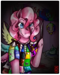 Size: 663x830 | Tagged: grimdark, artist:slightly, derpibooru import, pinkie pie, earth pony, pony, fanfic:cupcakes, blood, cutie mark dress, dead, decapitated, horn necklace, implied murder, knife, severed head