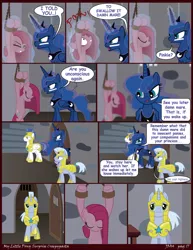 Size: 1600x2071 | Tagged: semi-grimdark, artist:j5a4, derpibooru import, pinkie pie, princess luna, oc, oc:solemn, pony, comic:surprise, comic, pinkamena diane pie, royal guard