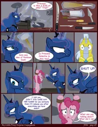 Size: 1600x2071 | Tagged: semi-grimdark, artist:j5a4, derpibooru import, pinkie pie, princess luna, oc, oc:solemn, pony, comic:surprise, comic, hammer, knife, levitation, magic, royal guard, sledgehammer, telekinesis, wide eyes