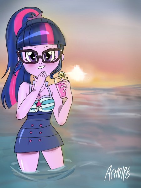 Size: 1800x2400 | Tagged: safe, artist:artmlpk, derpibooru import, sci-twi, twilight sparkle, equestria girls, beach, blushing, cute, female, geode of telekinesis, juice, lemonade, magical geodes, sci twi is watching you, smiley face, solo, sunset, twiabetes