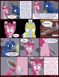 Size: 1600x2071 | Tagged: semi-grimdark, artist:j5a4, derpibooru import, pinkie pie, princess luna, oc, oc:solemn, pony, comic:surprise, comic, crying, knife, levitation, magic, royal guard, telekinesis, wide eyes