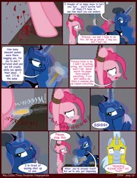 Size: 2550x3300 | Tagged: grimdark, artist:j5a4, derpibooru import, pinkie pie, princess luna, oc, oc:solemn, pony, comic:surprise, abuse, blood, comic, crying, hammer, knife, levitation, magic, pinkiebuse, royal guard, sledgehammer, telekinesis, wide eyes