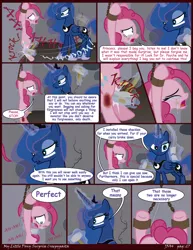 Size: 2550x3300 | Tagged: grimdark, artist:j5a4, derpibooru import, pinkie pie, princess luna, alicorn, earth pony, pony, comic:surprise, abuse, blood, comic, crying, female, hammer, levitation, magic, mare, pinkiebuse, royal guard, sledgehammer, telekinesis