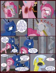 Size: 2550x3300 | Tagged: grimdark, artist:j5a4, derpibooru import, pinkie pie, princess luna, oc, oc:solemn, alicorn, earth pony, pony, unicorn, comic:surprise, abuse, blood, comic, crying, female, levitation, magic, male, mare, pinkiebuse, royal guard, stallion, telekinesis