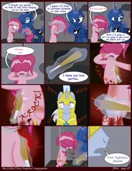 Size: 2550x3300 | Tagged: grimdark, artist:j5a4, derpibooru import, pinkie pie, princess luna, oc, oc:solemn, alicorn, earth pony, pony, unicorn, comic:surprise, abuse, blood, comic, crying, female, levitation, magic, male, mare, pinkiebuse, piñata, royal guard, stallion, telekinesis, wide eyes