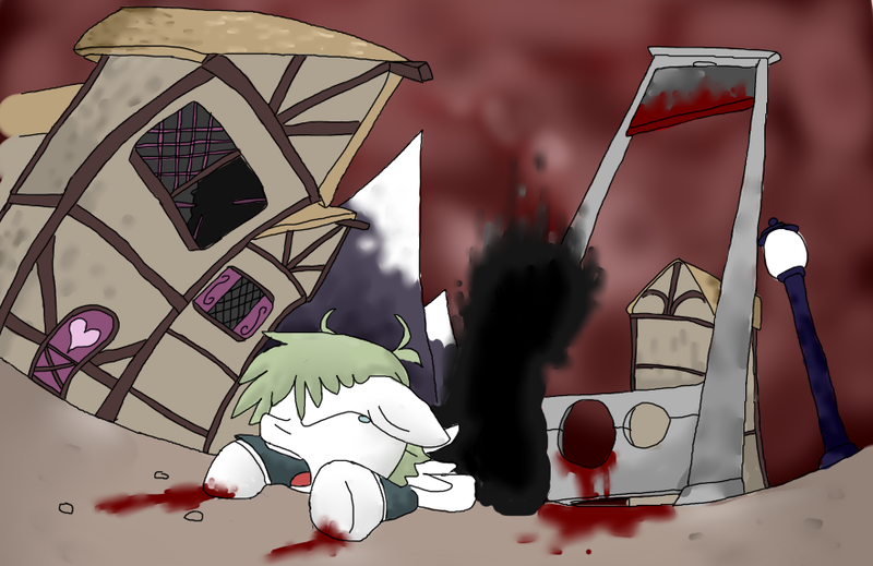 Size: 883x573 | Tagged: grimdark, artist:lucas47-46, derpibooru import, oc, oc:reedia mixxus, unofficial characters only, pegasus, pony, blood, female, guillotine, imminent death, mare, teary eyes