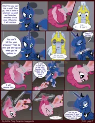 Size: 2550x3300 | Tagged: grimdark, artist:j5a4, derpibooru import, pinkie pie, princess luna, oc, oc:solemn, pony, comic:surprise, abuse, blood, bruised, comic, crying, levitation, magic, pinkiebuse, royal guard, telekinesis