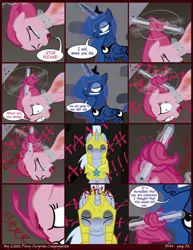 Size: 2550x3300 | Tagged: grimdark, artist:j5a4, derpibooru import, pinkie pie, princess luna, oc, oc:solemn, pony, comic:surprise, abuse, blood, comic, crying, pinkiebuse, royal guard, screaming