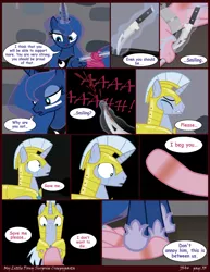 Size: 2550x3300 | Tagged: grimdark, artist:j5a4, derpibooru import, pinkie pie, princess luna, oc, oc:solemn, pony, comic:surprise, abuse, blood, comic, hoof shoes, knife, pinkiebuse, royal guard, screaming