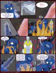 Size: 2550x3300 | Tagged: grimdark, artist:j5a4, derpibooru import, pinkie pie, princess luna, oc, oc:solemn, alicorn, pony, unicorn, comic:surprise, abuse, comic, crying, ethanol, fire, pinkiebuse, royal guard, screaming, vulgar, wide eyes