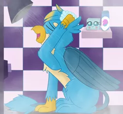 Size: 2755x2550 | Tagged: safe, artist:skyflys, derpibooru import, gallus, ocellus, changedling, changeling, gryphon, background ocellus, blushing, creeper, disguise, disguised changeling, female, inanimate tf, luslus, male, objectification, peeping jane, peeping tom, shipping, shower, sneak 100, soap, straight, teenager, transformation, when you see it