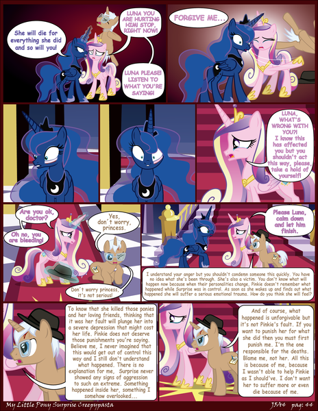 Size: 2550x3300 | Tagged: semi-grimdark, artist:j5a4, derpibooru import, princess cadance, princess luna, oc, oc:psyche, alicorn, pony, unicorn, comic:surprise, angry, blood, comic, crying, princess sadance, wide eyes