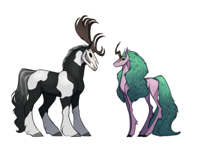 Size: 1024x779 | Tagged: antlers, artist:eerinless, blank flank, coat markings, concept art, deity, derpibooru import, duo, female, god, goddess, leaf mane, leaves, male, mare, oc, oc:aesir, oc:alderia, original species, plant, plant pony, safe, simple background, skull, skull head, stallion, transparent background, unofficial characters only, unshorn fetlocks