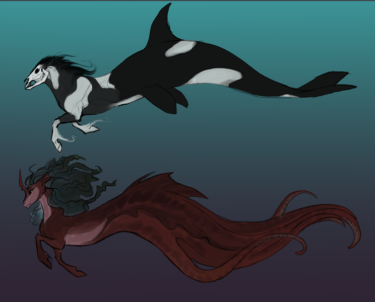 Size: 3582x2889 | Tagged: artist:eerinless, coat markings, deity, derpibooru import, duo, female, god, goddess, gradient background, horn, male, monster pony, oc, oc:aesir, oc:alderia, octopony, orca, orca pony, original species, profile, safe, skull, skull head, underwater, unofficial characters only, unshorn fetlocks