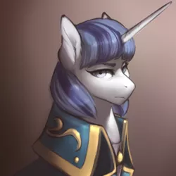 Size: 300x300 | Tagged: safe, artist:eerinless, derpibooru import, pony, unicorn, bust, cloak, clothes, female, frown, gradient background, lidded eyes, looking at you, mare, portrait, sidemouth, simple background, solo