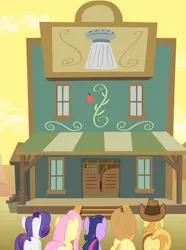 Size: 1652x2218 | Tagged: safe, composite screencap, derpibooru import, edit, edited screencap, screencap, applejack, braeburn, fluttershy, rarity, twilight sparkle, earth pony, pegasus, pony, unicorn, over a barrel, applejack's hat, appleloosa, building, cowboy hat, female, food, hat, male, mare, panorama, salt, salt shaker, stallion, the salt block, unicorn twilight