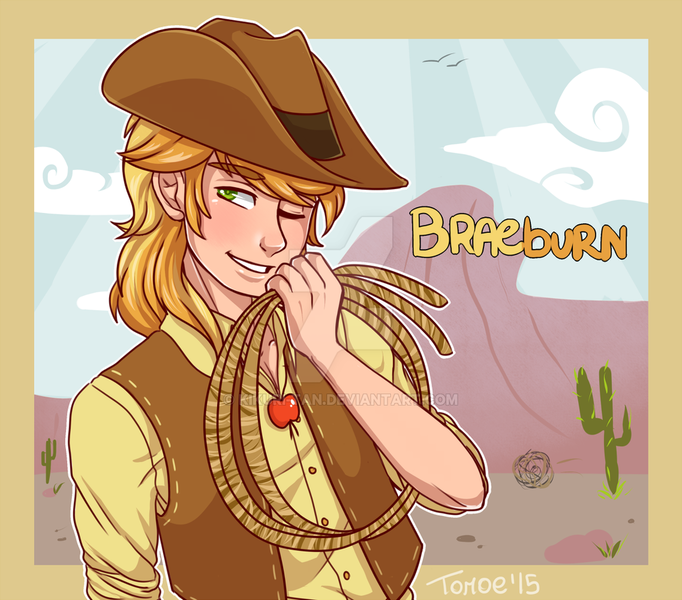 Size: 1024x901 | Tagged: artist:kikuri-tan, braebetes, braeburn, cactus, colored pupils, cute, derpibooru import, deviantart watermark, eyebrows visible through hair, human, humanized, lasso, male, obtrusive watermark, one eye closed, rope, safe, solo, watermark, wink