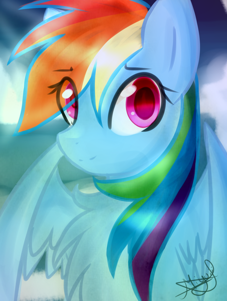 Size: 2114x2800 | Tagged: safe, artist:krystalchaser, derpibooru import, rainbow dash, pegasus, pony, bust, chest fluff, colored pupils, cute, dashabetes, eye clipping through hair, looking at you, portrait, solo