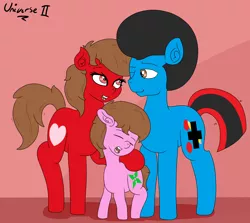 Size: 3000x2680 | Tagged: safe, artist:mackstack, derpibooru import, oc, oc:shooter armstrong, oc:splasher, oc:tempo cider, unofficial characters only, earth pony, pony, afro, family photo, one eye closed, universe 2, wink