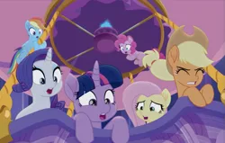 Size: 1363x866 | Tagged: safe, derpibooru import, screencap, applejack, fluttershy, pinkie pie, rainbow dash, rarity, twilight sparkle, twilight sparkle (alicorn), alicorn, pony, rainbow roadtrip, hot air balloon, mane six, movie designs, preview