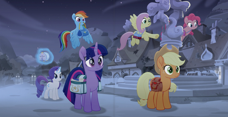 Size: 2727x1409 | Tagged: safe, derpibooru import, screencap, applejack, fluttershy, pinkie pie, rainbow dash, rarity, twilight sparkle, twilight sparkle (alicorn), alicorn, pony, rainbow roadtrip, hope hollow, mane six, preview