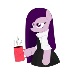 Size: 3000x3000 | Tagged: source needed, safe, artist:visionwing, derpibooru import, oc, oc:visionwing, pony, black shirt, black skirt, coffee, coffee mug, mug, simple background, standing, white shirt