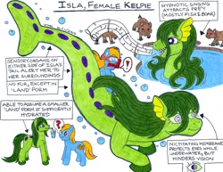 Size: 2194x1694 | Tagged: safe, artist:jamestkelley, derpibooru import, oc, oc:isla, boar, kelpie, pony, bubble, drinking, fish tail, hypnotic song, lake, nictitating membrane, redraw, singing, snorkel, surprised, swimming, traditional art