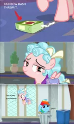 Size: 1018x1698 | Tagged: safe, derpibooru import, edit, edited screencap, screencap, cozy glow, rainbow dash, pegasus, pony, school raze, abuse, apple juice, background pony strikes again, comic, dashabuse, female, filly, into the trash it goes, juice, juice box, punishment, rainbow trash, sad, screencap comic, trash, trash can