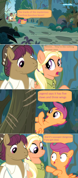 Size: 1358x3080 | Tagged: safe, derpibooru import, edit, edited screencap, screencap, mane allgood, scootaloo, snap shutter, pony, the last crusade, cartoonito logo, comic, dialogue, everfree forest, faic, footprint, leaves, scootaloo's parents, scratches, screencap comic, speech bubble, tracks, tree