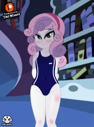 Size: 1920x2600 | Tagged: safe, artist:theminus, derpibooru import, sweetie belle, equestria girls, blushing, clothes, female, jailbait, looking at you, one-piece swimsuit, patreon, patreon logo, solo, swimsuit