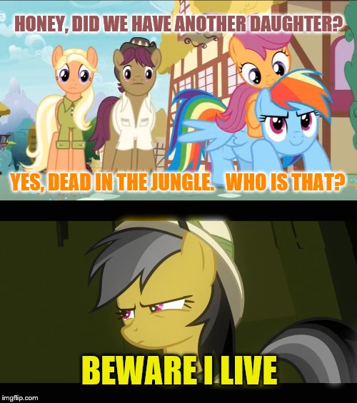 Size: 500x565 | Tagged: safe, derpibooru import, edit, edited screencap, screencap, daring do, mane allgood, rainbow dash, scootaloo, snap shutter, earth pony, pegasus, pony, read it and weep, the last crusade, caption, conspiracy, conspiracy theory, headcanon, image macro, sinistar, text