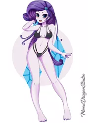 Size: 900x1265 | Tagged: suggestive, artist:silver-wingx, derpibooru import, rarity, equestria girls, barefoot, bikini, blushing, breasts, clothes, feet, female, looking at you, nail polish, simple background, solo, solo female, swimsuit, white background