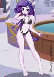Size: 900x1265 | Tagged: suggestive, alternate version, artist:silver-wingx, derpibooru import, rarity, equestria girls, barefoot, bikini, blushing, breasts, clothes, feet, female, looking at you, nail polish, solo, solo female, swimsuit