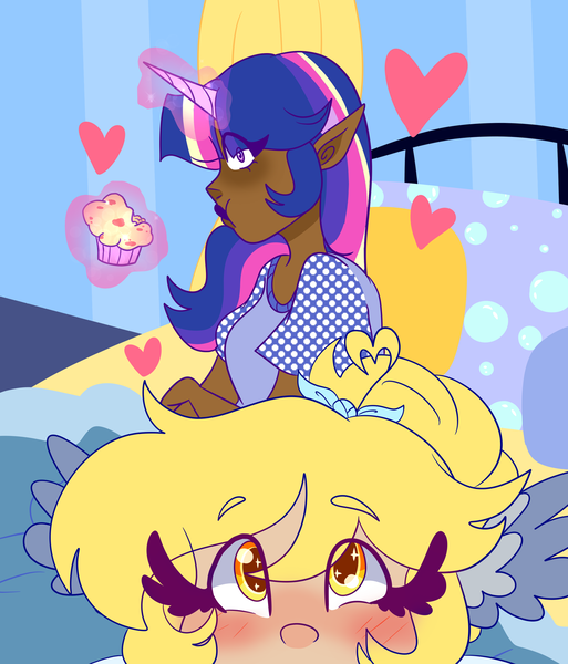 Size: 1280x1497 | Tagged: artist:cubbybatdoodles, bed, blushing, dark skin, derpibooru import, derpy hooves, ditzy doo, eating, elf ears, female, food, heart, horn, horned humanization, human, humanized, magic, muffin, safe, selfie, twilight sparkle, unicorns as elves, wing ears